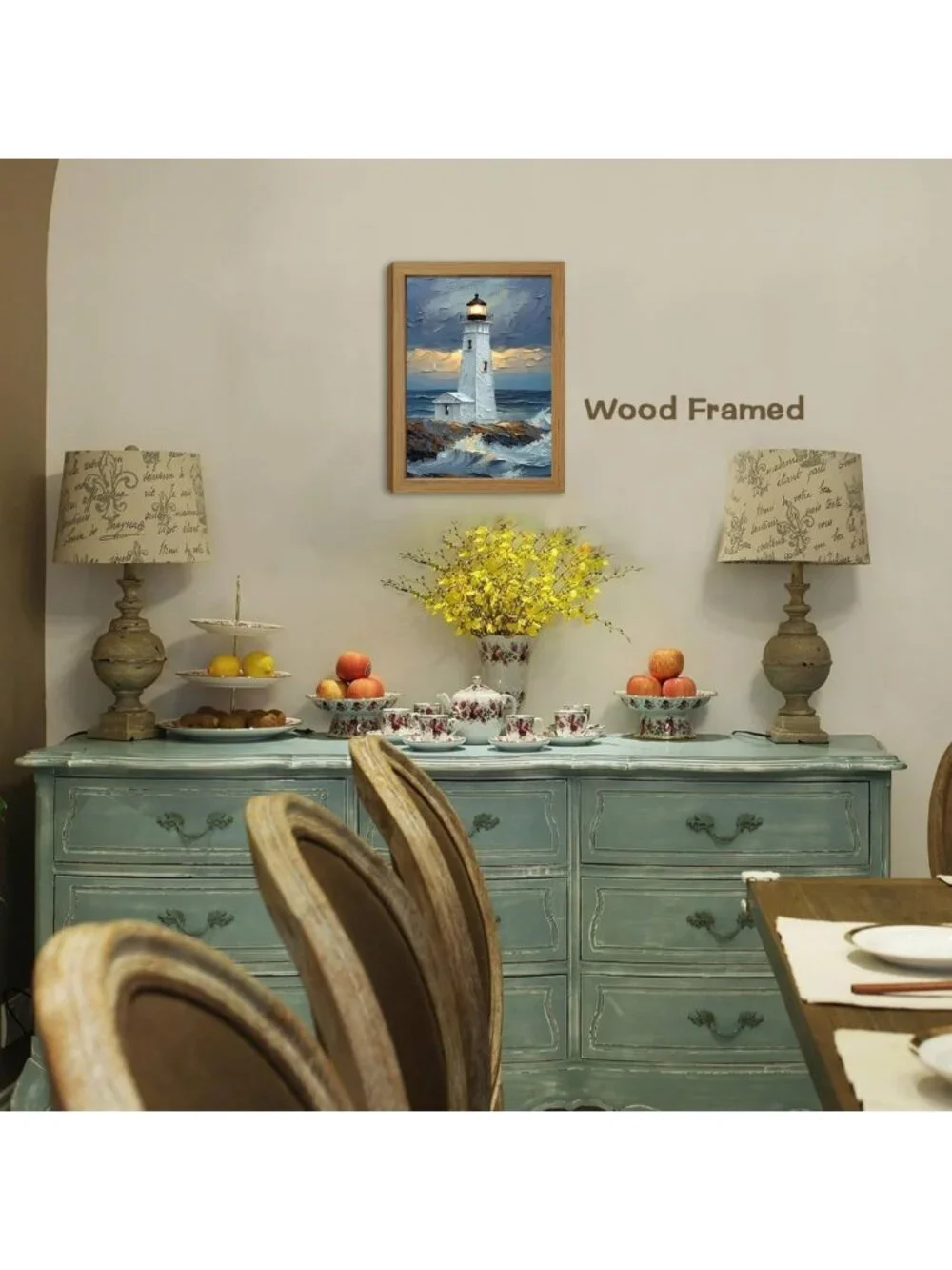 Blue Ocean Island Lighthouse Wall Art - 16x12 Framed Decor for Coastal Home